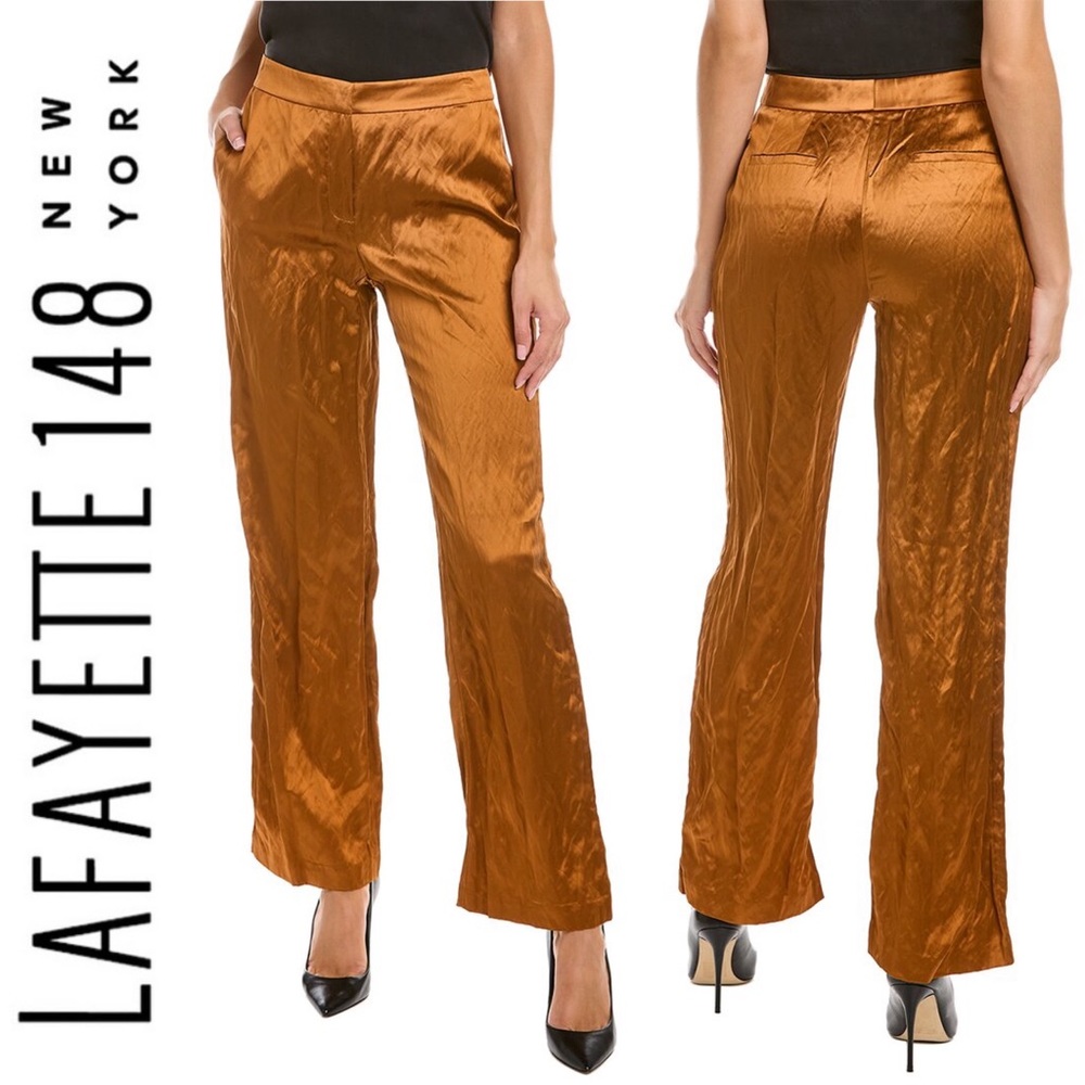 NWT Lafayette 148 New York Dalton Crushed Satin Pant Trouser Bourbon High Rise 4